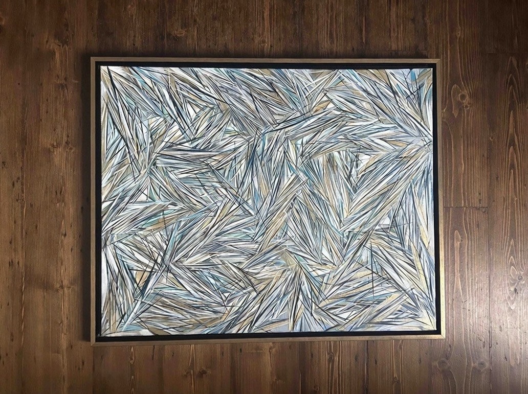 Astraeus, gold-framed abstract expressionist painting on wooden floorboards