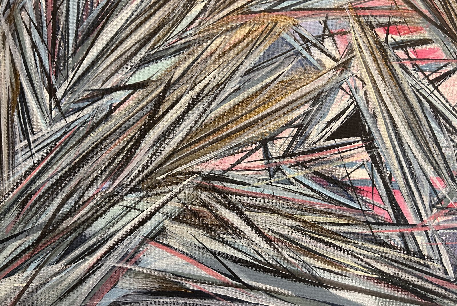 Brushstroke detail of the pink and grey canvas in progress: layered acrylic linework on canvas weave