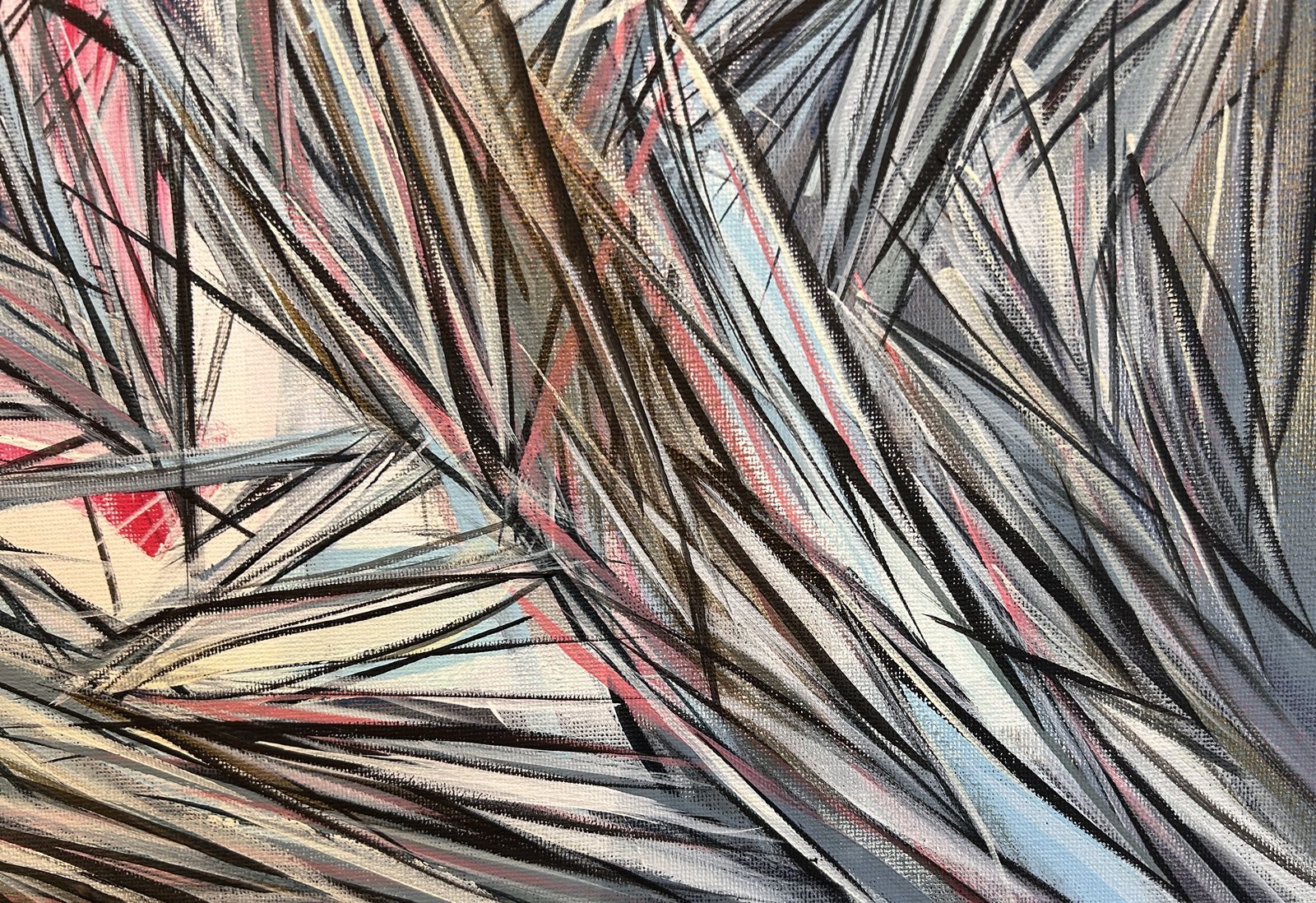 Brushstroke detail of the pink and grey canvas in progress: layered acrylic linework on canvas weave