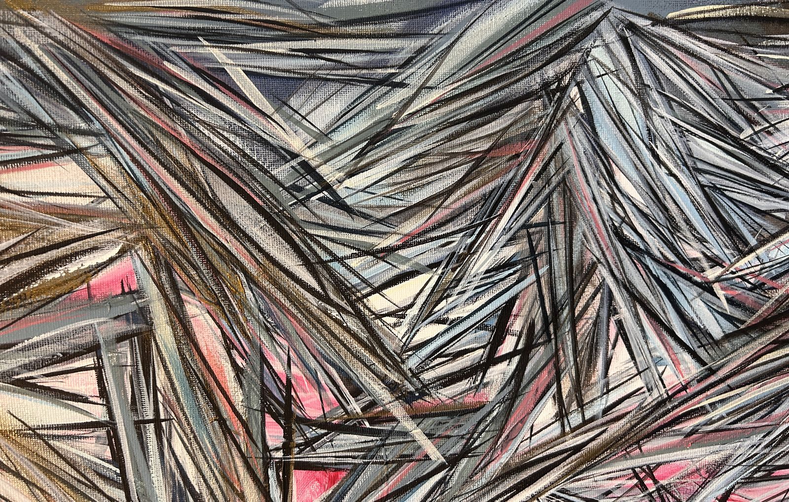 Brushstroke detail of the pink and grey canvas in progress: layered acrylic linework on canvas weave