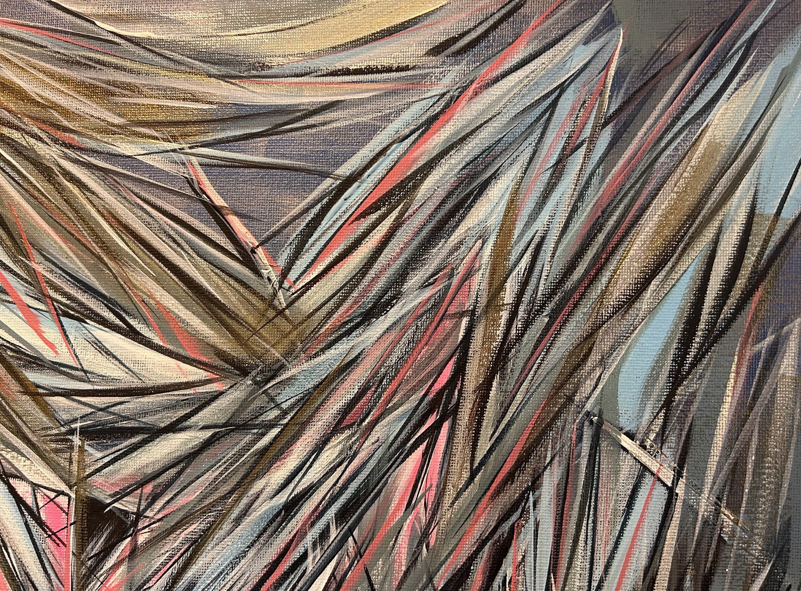 Brushstroke detail of the pink and grey canvas in progress: layered acrylic linework on canvas weave