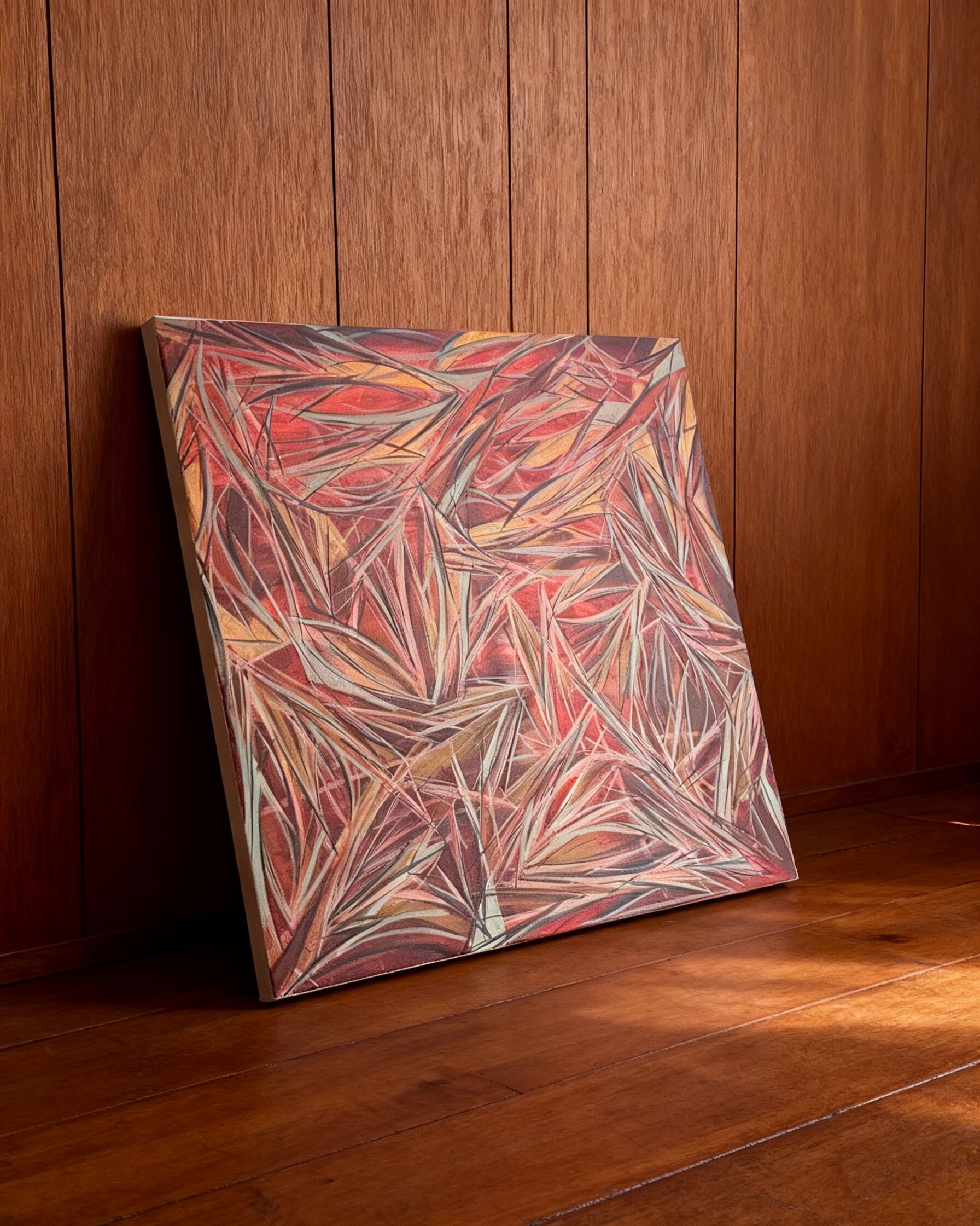 Autumn on Mars, large red abstract expressionist painting leaning against wood panelling