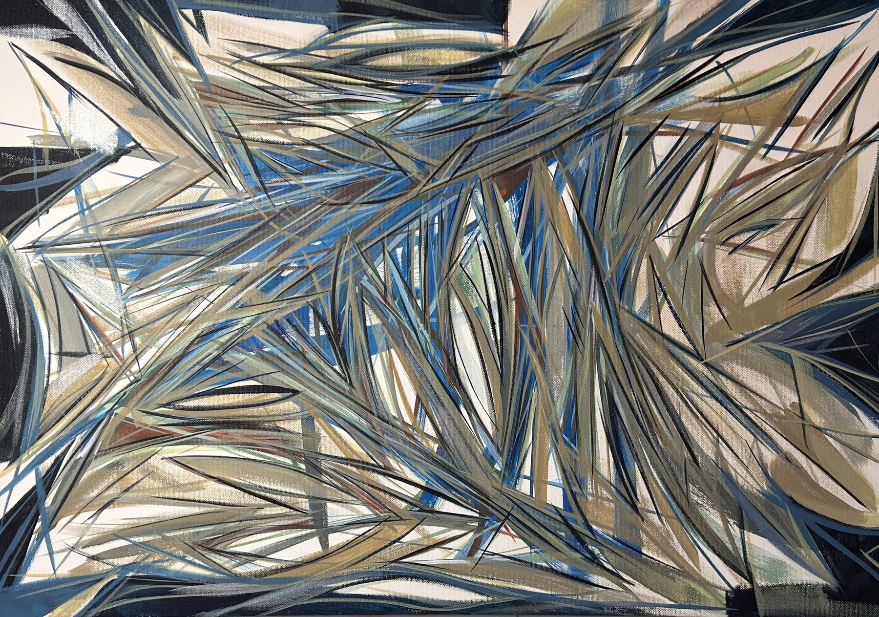 Blue and gold abstract expressionist painting in progress, acrylic on canvas
