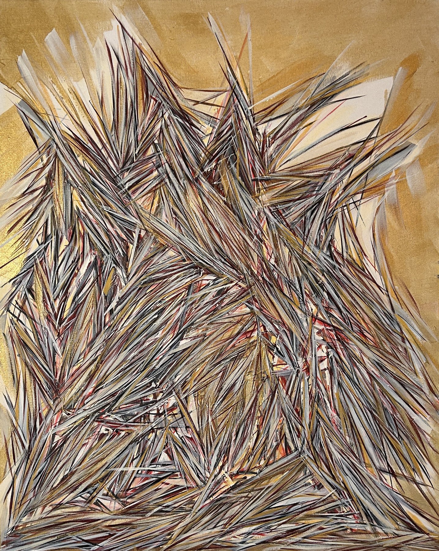 Gold abstract expressionist painting in progress, acrylic on canvas