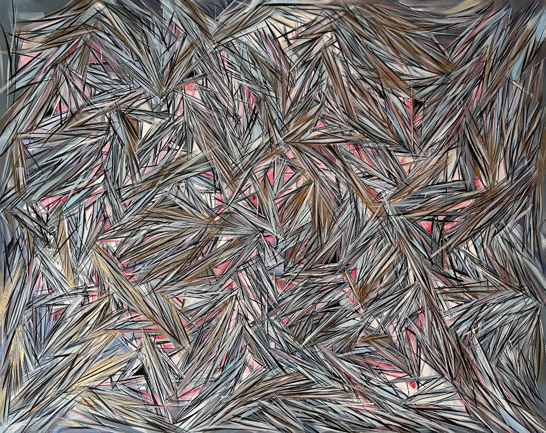 Pink abstract expressionist painting in progress, acrylic on canvas